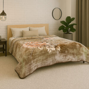 Taupe and Peach Floral Block Print 1Ply Gold Mink Blanket