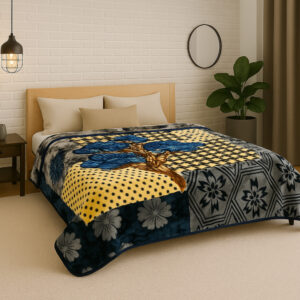 Turquoise Mumbai Block Print 1Ply Gold Mink Blanket